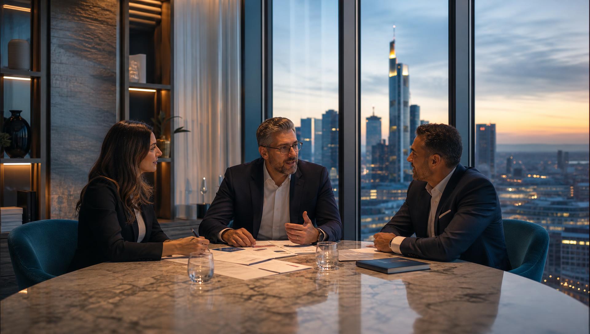Advisors working in a modern office with a view of the Frankfurt skyline