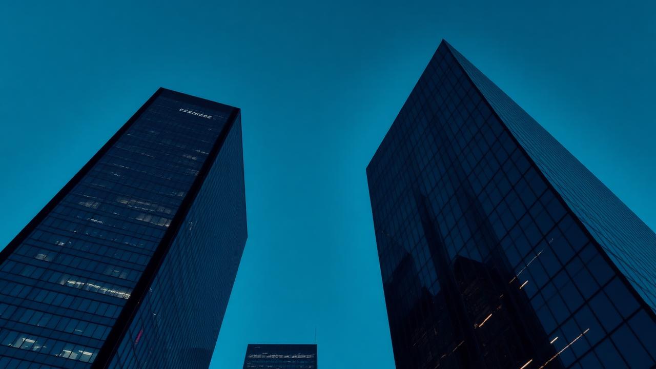Glass façades of high-rise buildings viewed from below against a blue sky.